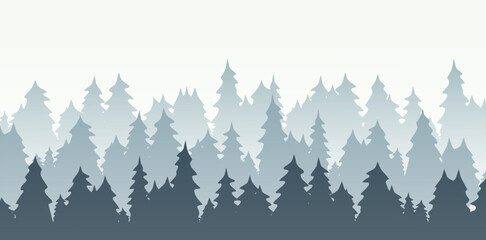 Forest illustration. Wallpaper, drawing, digital, art, minimalism, background, tree crowns, coniferous forests, panorama, seamless,environment,summer,winter.Graphic design concept.Vector illustration