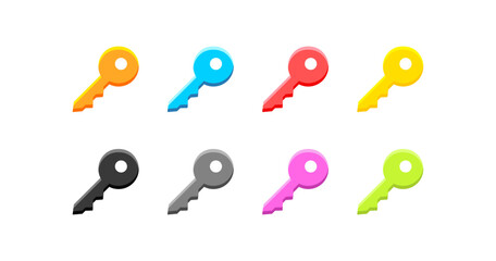 Key icon set. Multicolored, lock, close, open, keyword, code, password, access, privacy, account, safe, warehouse, vault. Security concept. Set of vector flat icons on a white background.