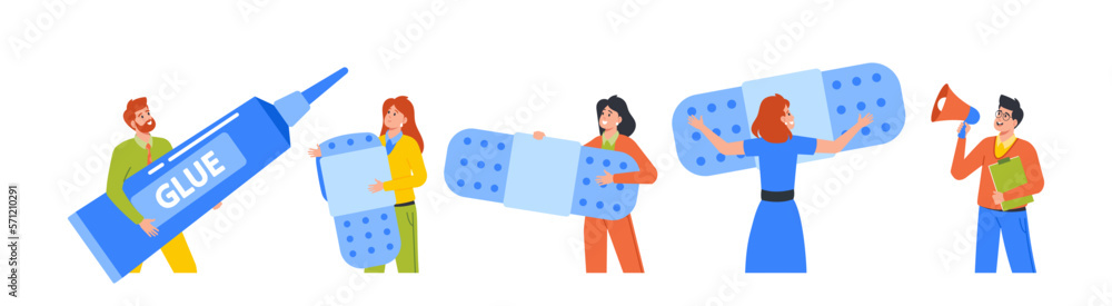 Poster tiny business characters with loudspeaker and fixing tools patches and glue. teamwork and problem-so