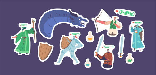 Set Of Stickers Characters Wearing Virtual Reality Headset And Fantasy Costumes Playing Mmorpg Video Game