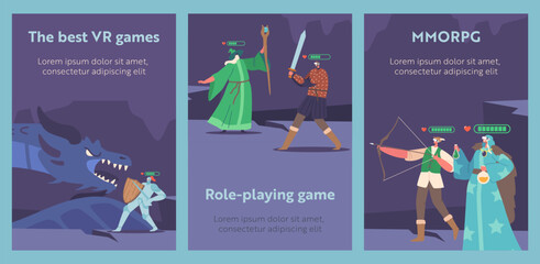 The Best Vr Games Cartoon Banners. Characters Wearing Virtual Reality Headset and Fantasy Costumes Playing Mmorpg