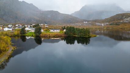 Obraz premium Lofoten islands, Norway. October, fall, drone photo