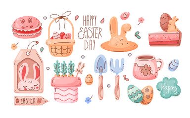 Hand drawn collection of Easter doodles. Line and color, cartoon style. Festive mood. Cute elements for decorating holiday banners, postcards, stickers