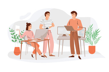 Orange concept leadership with people scene in the flat cartoon design. Director shares his experience and skills with future colleagues. Vector illustration.