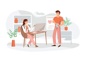 Medical clinic orange concept with people scene in the flat cartoon design. Patient came to the doctor for a consultation. Vector illustration.