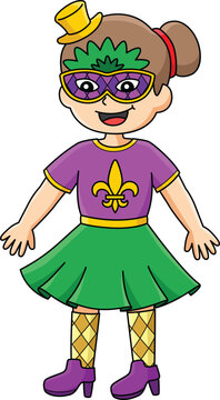 Mardi Gras Girl with Mask Cartoon Colored Clipart