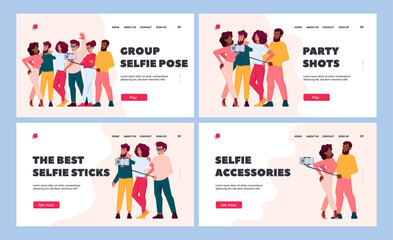Group Selfie Landing Page Template Set. Friends Taking Selfie, Diverse People with Happy Faces Standing Together