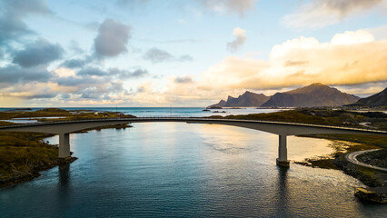 Obraz premium Gimsystraumen bru, Lofoten islands, Norway. October, fall, drone photo