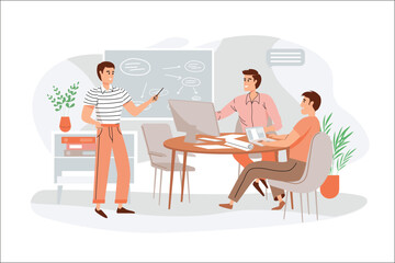 Orange concept Business office with people scene in the flat cartoon design. Manager explains new business concept for colleagues in the new office. Vector illustration.