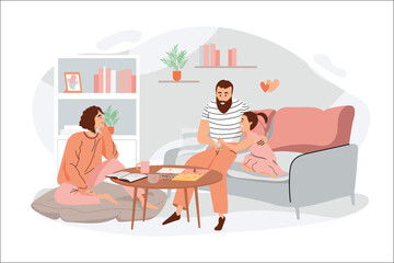 Orange concept family activity with people scene in the flat cartoon style. Parents are hanging out with their little daughter and having a great time. Vector illustration.