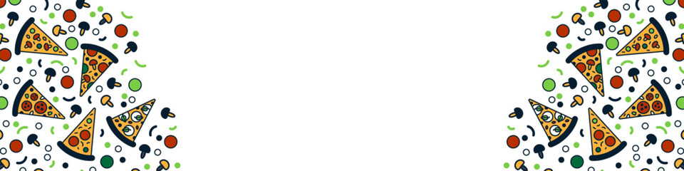 Pizza backdrop. Slice of pizza pattern on white background with empty space for text. Horizontal banner. Vector illustration EPS 10