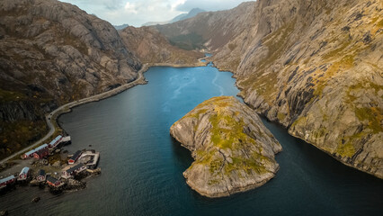Nusfjord, Lofoten islands, Norway. October, fall, drone photo