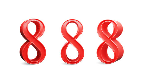 Number 8 of red color in 3 positions. 3d Render. Different angles Front, right side, left side