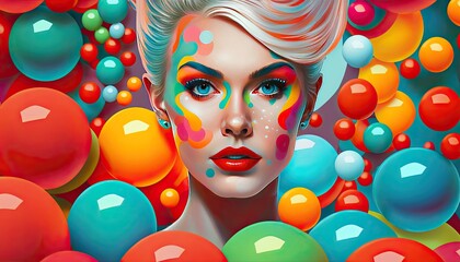 Fototapeta na wymiar Glamorous and stylish woman with a perfect face surrounded by colored balls. Futuristic style. Generative AI