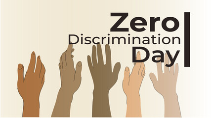 Zero discrimination day banner with hands of different skin colors stacked on top of each other as teamwork