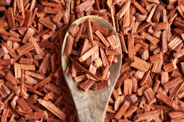 Pieces of red sandalwood on a wooden spoon