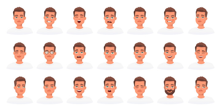Set of different white guy emotions. Facial expression. Smile, happiness, anger, disappointment, fatigue, surprise, fear. Vector illustration