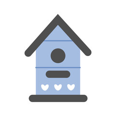 Cute blue wooden birdhouse decorated with hearts. Bird feeder, wooden buildings made of planks. Bird Day, Nature protection. Crafts made of wood. Spring vector illustration on white background