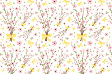 Seamless pattern with Blooming branches of cherry, sakura. Bouquet with spring buds, blossom and flowers. For greeting cards, textiles, wrapping paper, wallpaper. Spring illustration, white background