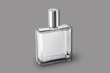 Empty blank white perfume cosmetic bottle Mock up isolated on a grey background. 3d rendering.	