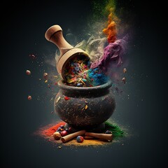 spices in a mortar and pestle,fantasy ,nice effect, powder color kitchen cook ground pot antique firewood food poured into a vessel Generative AI  - obrazy, fototapety, plakaty
