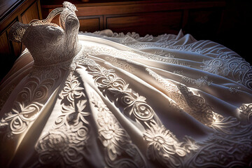 Amazing white wedding dress on the bed, ai generative