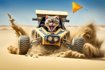 Crazy cat driving dune buggy on the sandy beach illustration generative ai