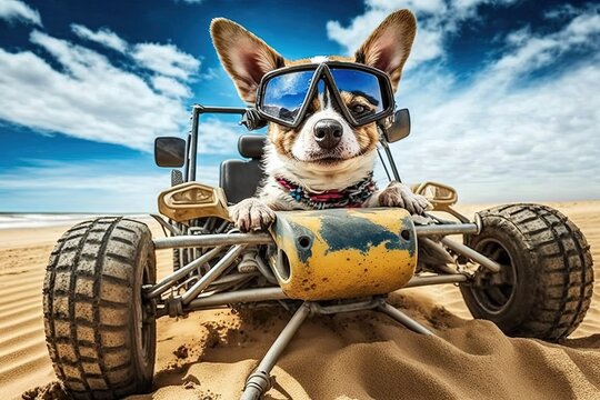 Crazy dog driving dune buggy on the sandy beach illustration generative ai