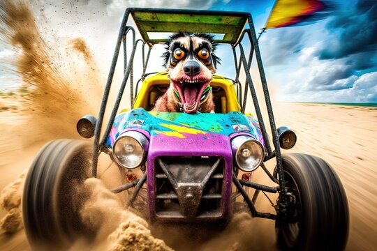 Crazy dog driving dune buggy on the sandy beach illustration generative ai