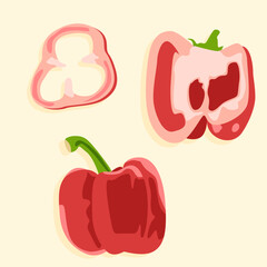 Red bell pepper. Vector illustration. A whole pepper, a pepper wedge, and a pepper cut in half. Healthy food.