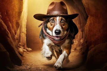 Dog archeologist with hat and whip escaping from danger illustration generative ai