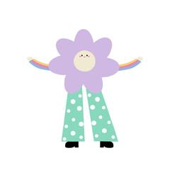 Funny purple flower with hands and legs. Summer graphic. Vector illustration.