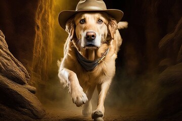 Golden Retriever Dog archeologist with hat and whip escaping from danger illustration generative ai - obrazy, fototapety, plakaty