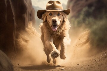 Golden Retriever Dog archeologist with hat and whip escaping from danger illustration generative ai - obrazy, fototapety, plakaty