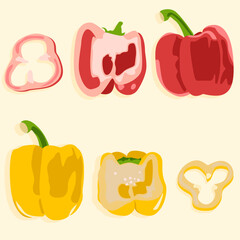 A set of red and yellow bell peppers cut in half. Slices of peppers. Vector illustration. Whole pepper isolated. Healthy food. Veganism.