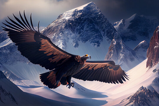 A huge condor flies against the backdrop of snow-capped mountains. AI generated.