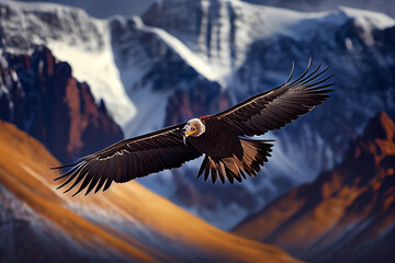 A huge condor flies against the backdrop of snow-capped mountains. AI generated.