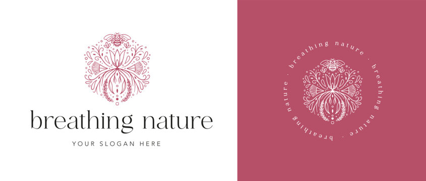Logotipo mandala floral con detalles hojas abeja para terapias naturales cuidado personal autocuidado apicultura miel naturaleza 