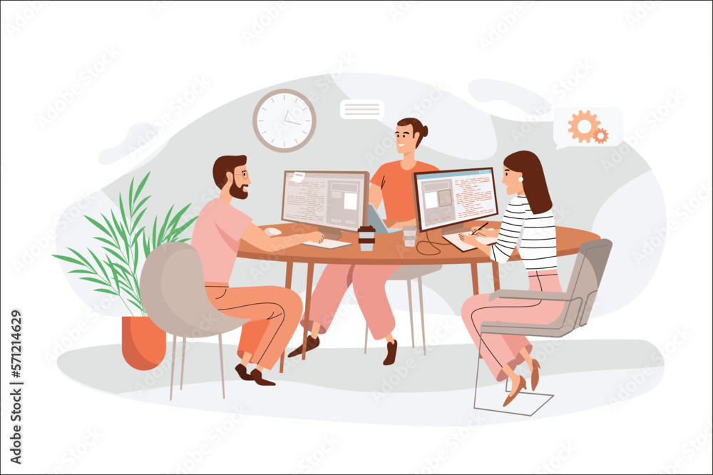 Poster Programmers working with people scene in the flat cartoon style. Tree programmers work on writing a code for new client's applications. Vector illustration.
