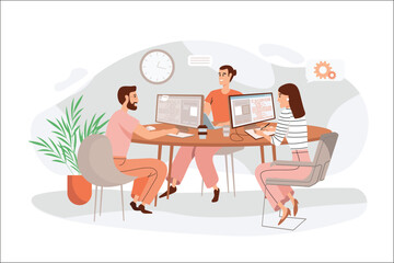 Programmers working with people scene in the flat cartoon style. Tree programmers work on writing a code for new client's applications. Vector illustration.
