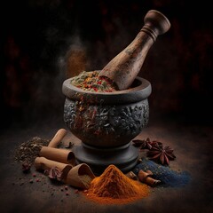 spices in a mortar and pestle vessel in the kitchen herbs ground different grist red pepper mint Generative AI 