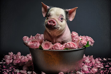 Cute pig in a bathtub with pink roses. Generative AI