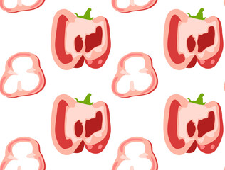 Pepper cut in half and a piece of red bell pepper. Seamless pattern in vector. Natural product. For print and background.