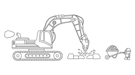 Hand drawn Vector illustration color children construction drilling machine excavator with rocks and construction worker