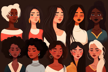 Group of multinational woman illustration. Generative AI