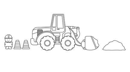 Hand drawn Vector illustration color children construction wheel loader with dirt and construction worker