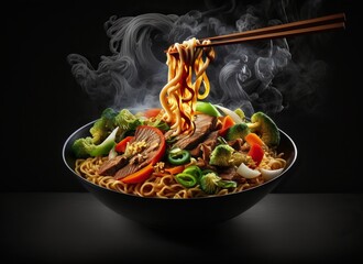 beef yakisoba on the black background. food chinese IA