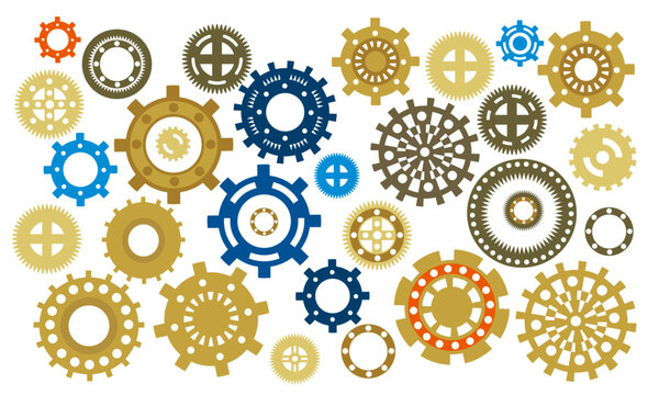 Collection of cogwheels and gears. Steampunk elements. Clock wheels 