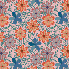 Seamless pattern of beautiful bice blue, jasper, redwood color flowers with cambridge blue , myrtle green color leaves and veins on tea rose background. textile design, wallpaper, fabric , bedding.