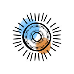 Vector illustration of abstract sun hand drawn in black line. Colored spots of watercolor paint. Logo for isoterics, celestial bodies, astrology.
